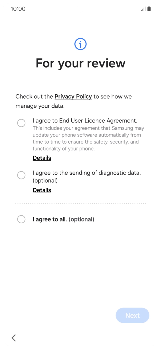 Press the fields next to the required settings to select them. Press the fields next to the required settings to select them.