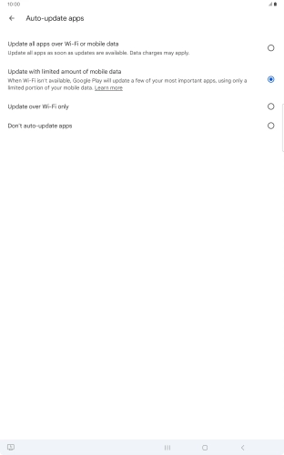 To turn on automatic update of apps using mobile network, press Update all apps over Wi-Fi or mobile data. To turn on automatic update of apps using mobile network, press Update all apps over Wi-Fi or mobile data.