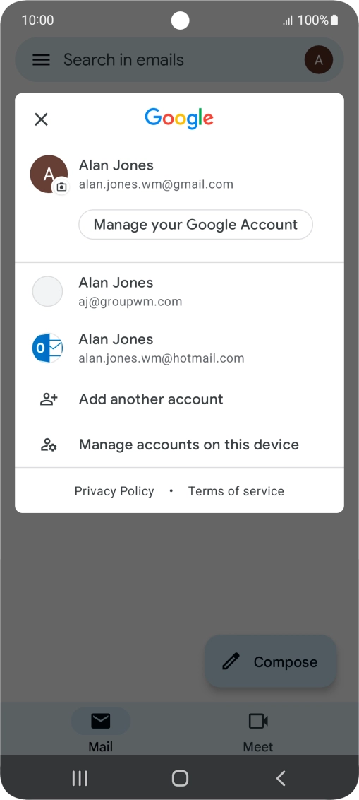 Press the required email account. Press the required email account.