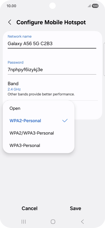 Press WPA3-Personal to password protect your Wi-Fi hotspot. Press WPA3-Personal to password protect your Wi-Fi hotspot.