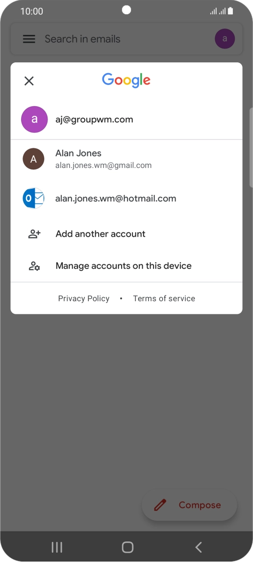 Press the required email account. Press the required email account.