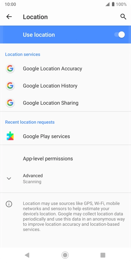 Press Google Location Accuracy. Press Google Location Accuracy.