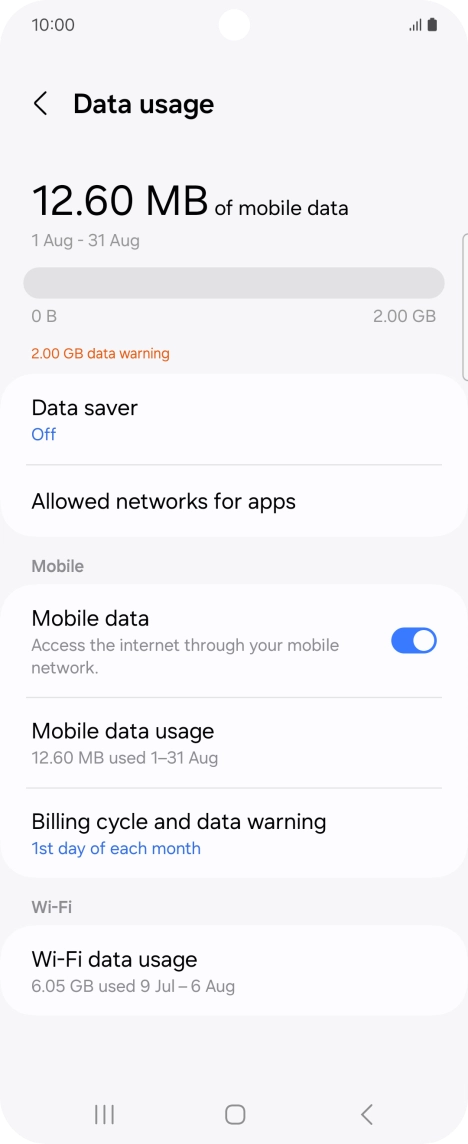 The total data usage is displayed. The total data usage is displayed.