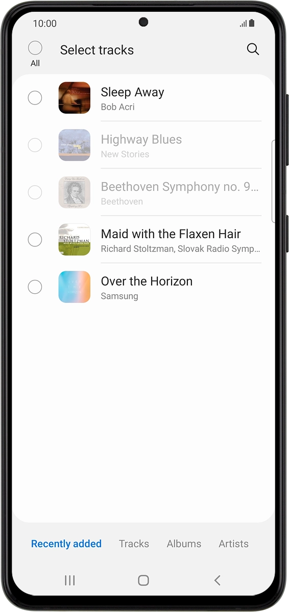 On your phone: Press the required audio files to select them. On your phone: Press the required audio files to select them.