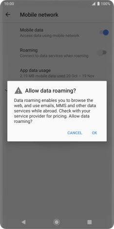 If you turn on data roaming, press OK. If you turn on data roaming, press OK.