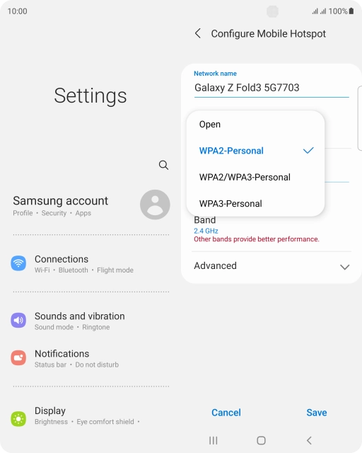 Press WPA3-Personal to password protect your Wi-Fi hotspot. Press WPA3-Personal to password protect your Wi-Fi hotspot.
