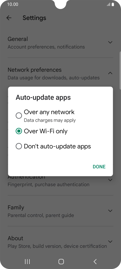 To turn on automatic update of apps using mobile network, press Over any network. To turn on automatic update of apps using mobile network, press Over any network.
