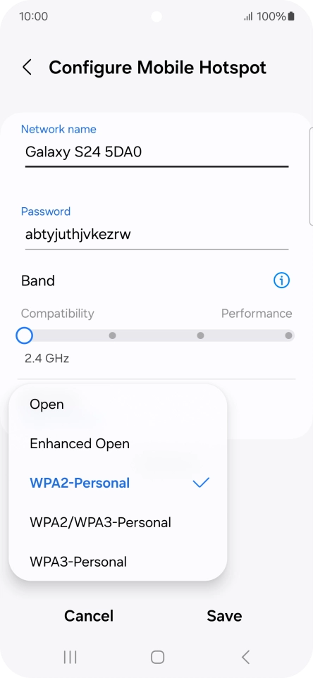 Press WPA3-Personal to password protect your Wi-Fi hotspot. Press WPA3-Personal to password protect your Wi-Fi hotspot.