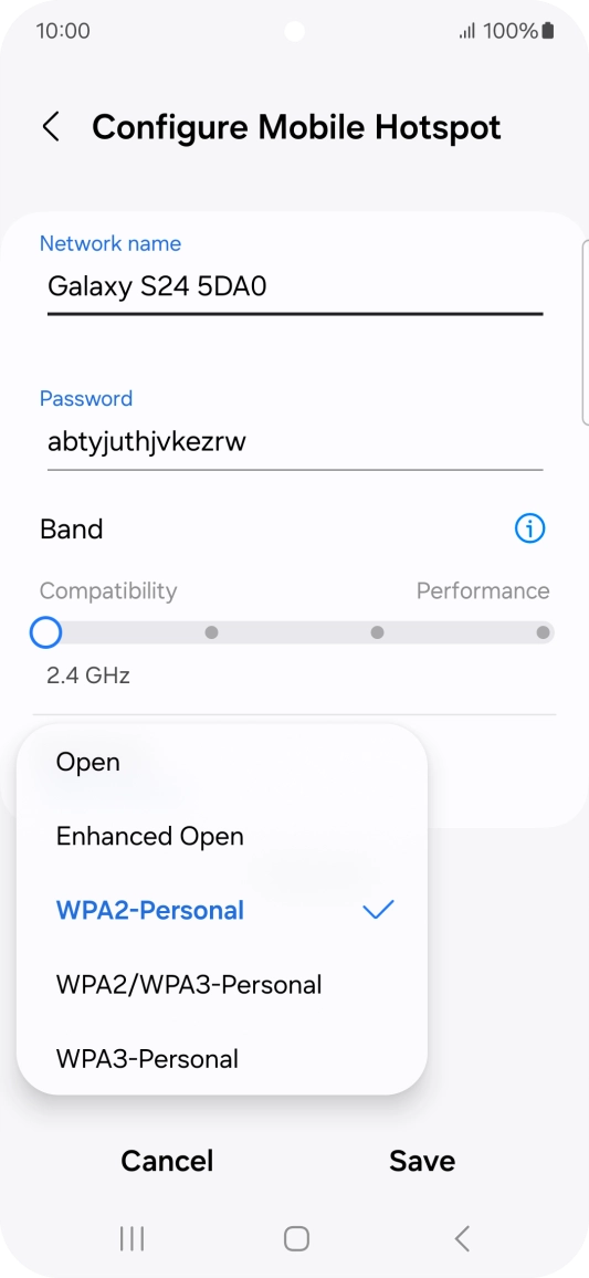 Press WPA3-Personal to password protect your Wi-Fi hotspot. Press WPA3-Personal to password protect your Wi-Fi hotspot.