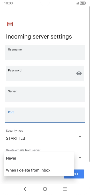 Press Never to keep email on the server when you delete them on your phone. Press Never to keep email on the server when you delete them on your phone.