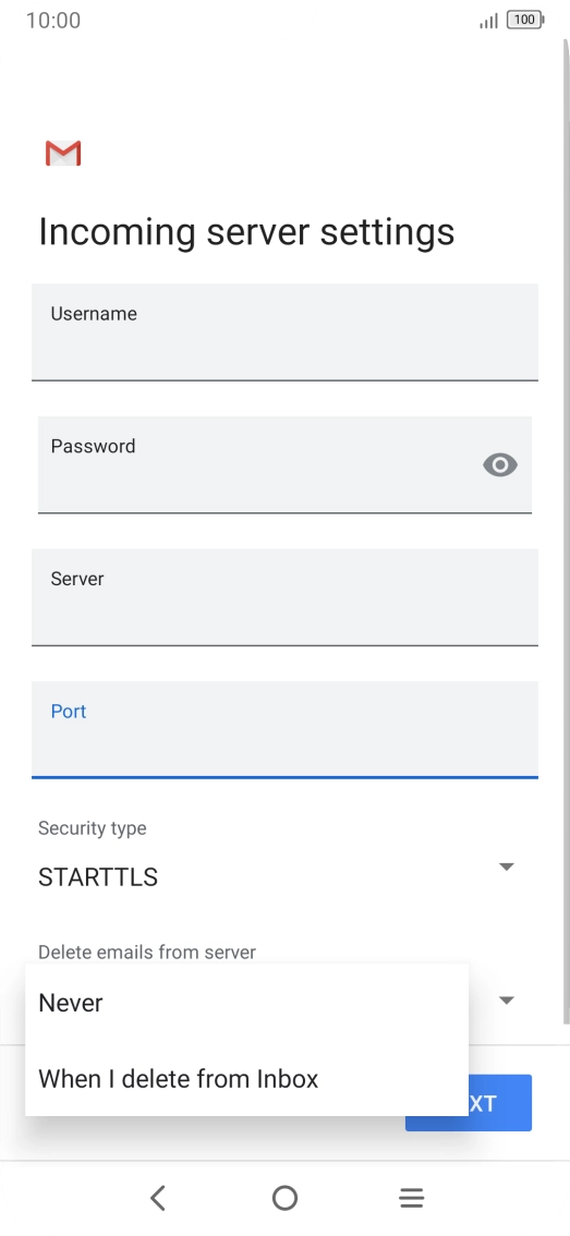 Press Never to keep email on the server when you delete them on your phone. Press Never to keep email on the server when you delete them on your phone.
