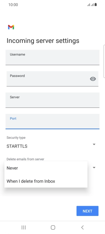 Press Never to keep email on the server when you delete them on your phone. Press Never to keep email on the server when you delete them on your phone.