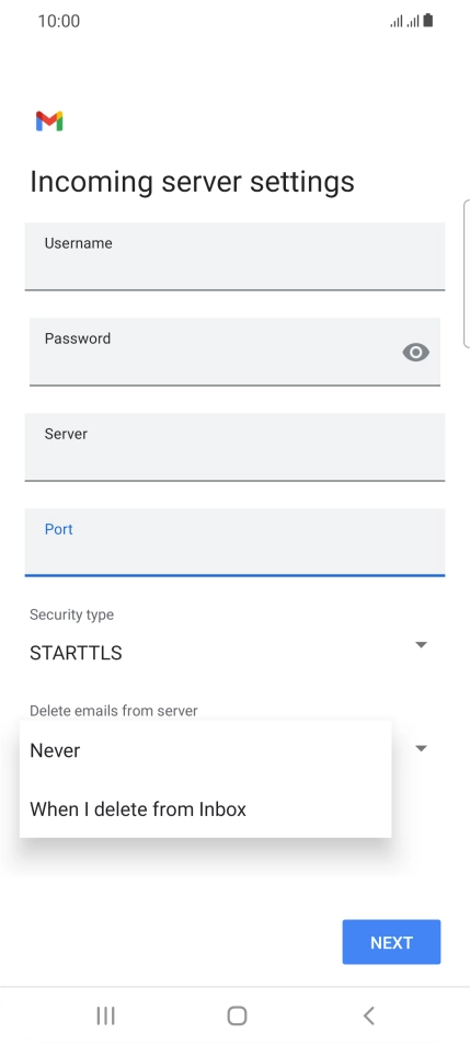 Press Never to keep email on the server when you delete them on your phone. Press Never to keep email on the server when you delete them on your phone.
