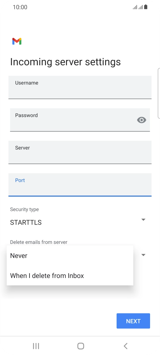 Press Never to keep email on the server when you delete them on your phone. Press Never to keep email on the server when you delete them on your phone.