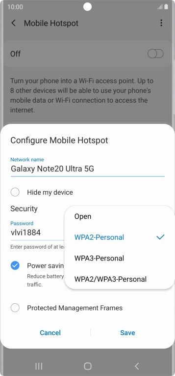 Press WPA2-Personal to password protect your Wi-Fi hotspot. Press WPA2-Personal to password protect your Wi-Fi hotspot.