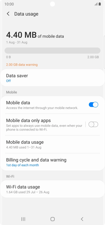 The total data usage is displayed. The total data usage is displayed.