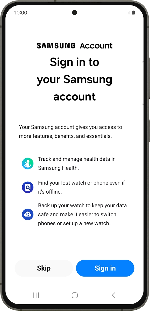On your phone: Press Sign in and follow the instructions on the screen to log on with your Samsung account or to create a new Samsung account if don't have one already. On your phone: Press Sign in and follow the instructions on the screen to log on with your Samsung account or to create a new Samsung account if don't have one already.