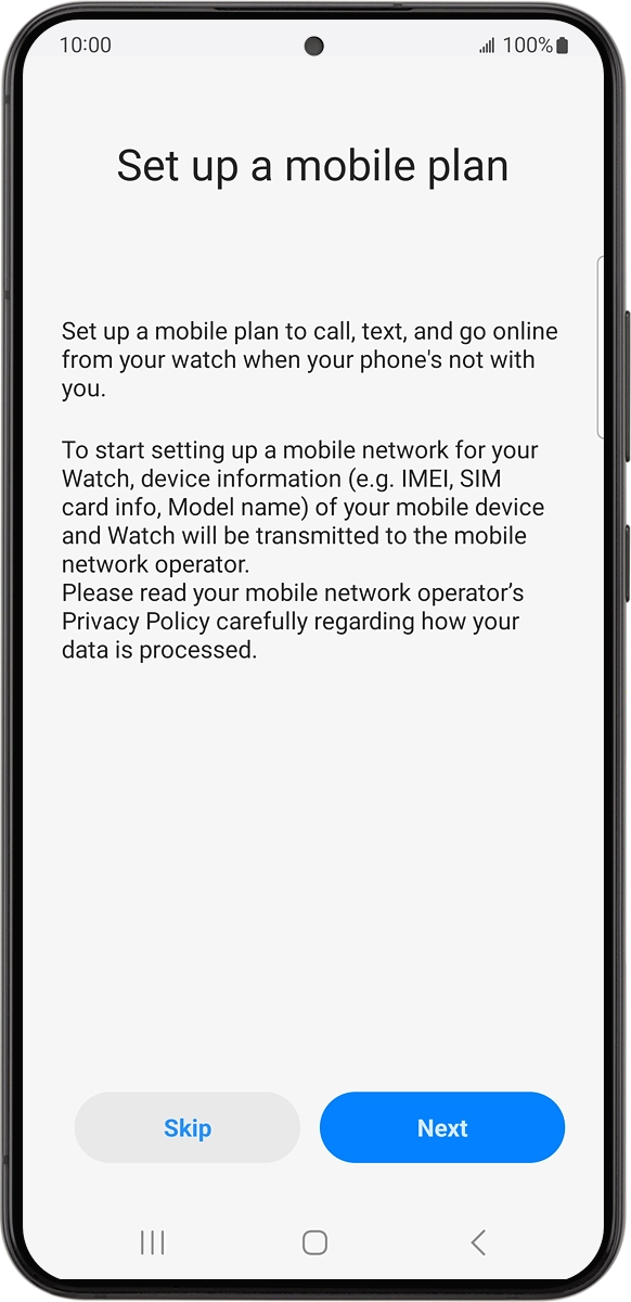 On your phone: Press Next and follow the instructions on the screen to set up mobile data. On your phone: Press Next and follow the instructions on the screen to set up mobile data.