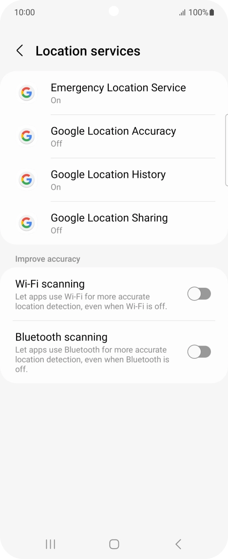 Press Google Location Accuracy. Press Google Location Accuracy.