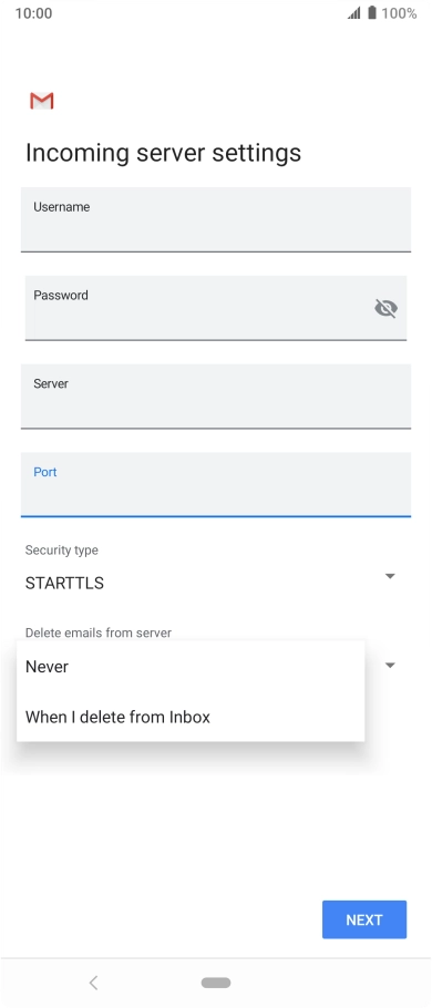 Press Never to keep email on the server when you delete them on your phone. Press Never to keep email on the server when you delete them on your phone.