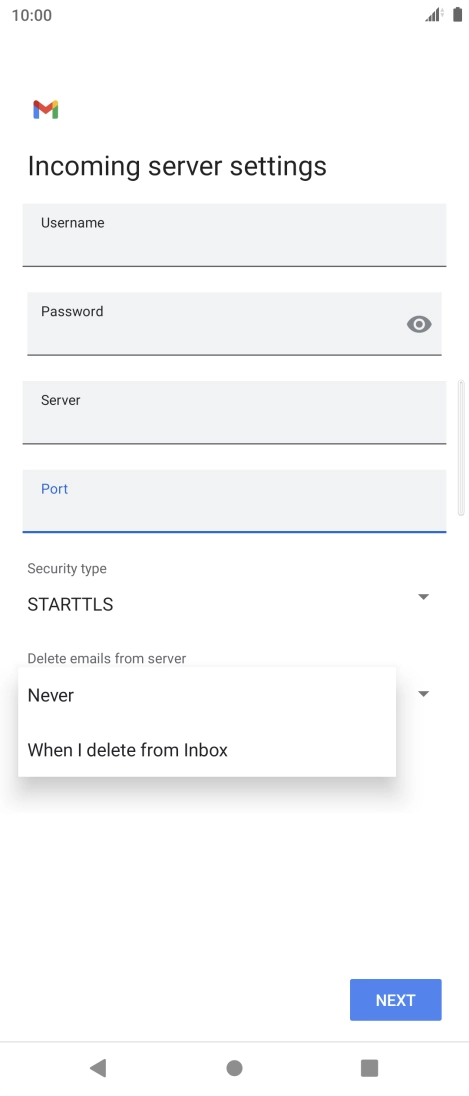 Press Never to keep email on the server when you delete them on your phone. Press Never to keep email on the server when you delete them on your phone.