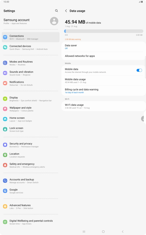 The total data usage is displayed. The total data usage is displayed.
