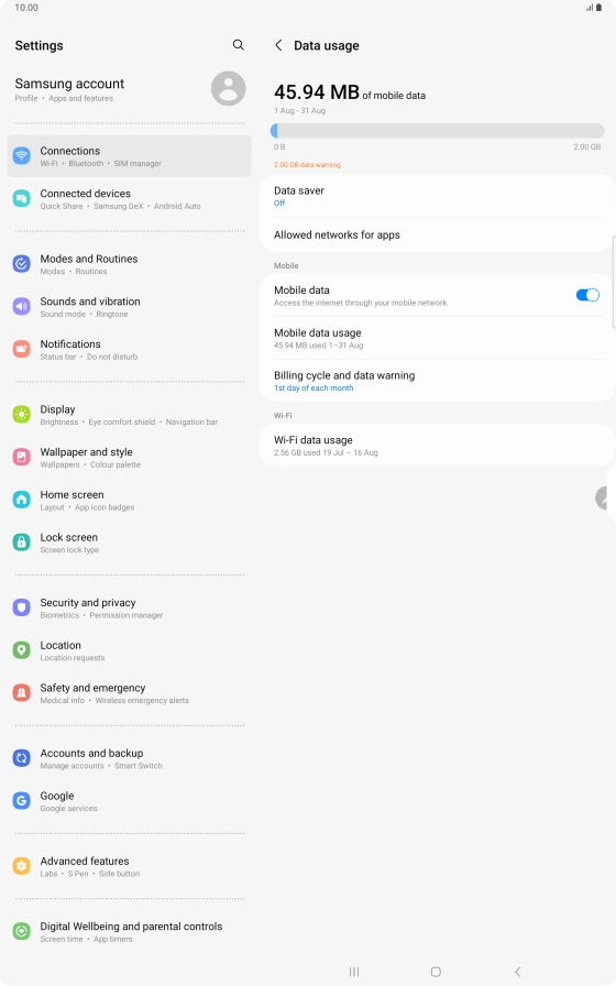 The total data usage is displayed. The total data usage is displayed.