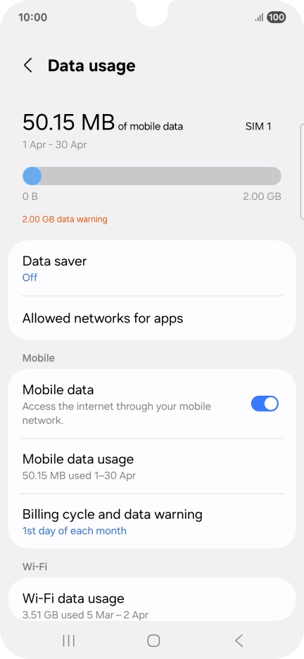 The total data usage is displayed. The total data usage is displayed.