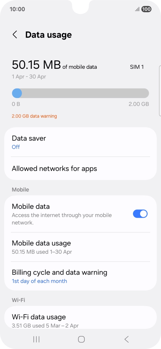 The total data usage is displayed. The total data usage is displayed.