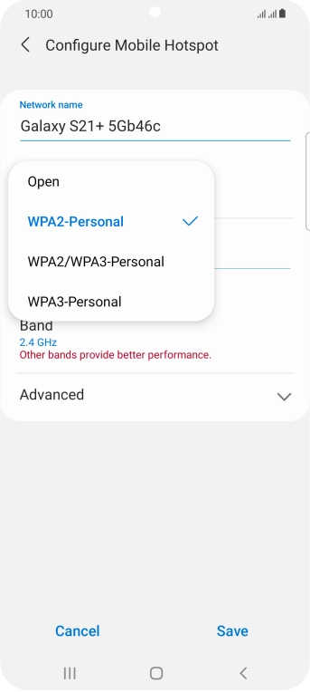 Press WPA2-Personal to password protect your Wi-Fi hotspot. Press WPA2-Personal to password protect your Wi-Fi hotspot.