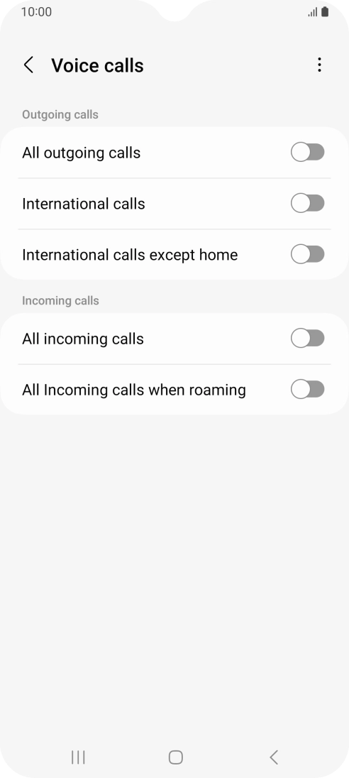 Press the indicator next to the required barring type to turn the function on or off. Press the indicator next to the required barring type to turn the function on or off.