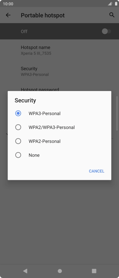 Press WPA3-Personal to password protect your Wi-Fi hotspot. Press WPA3-Personal to password protect your Wi-Fi hotspot.