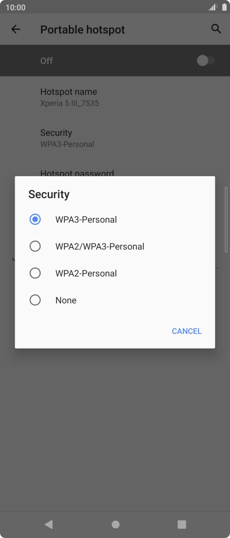 Press WPA3-Personal to password protect your Wi-Fi hotspot. Press WPA3-Personal to password protect your Wi-Fi hotspot.