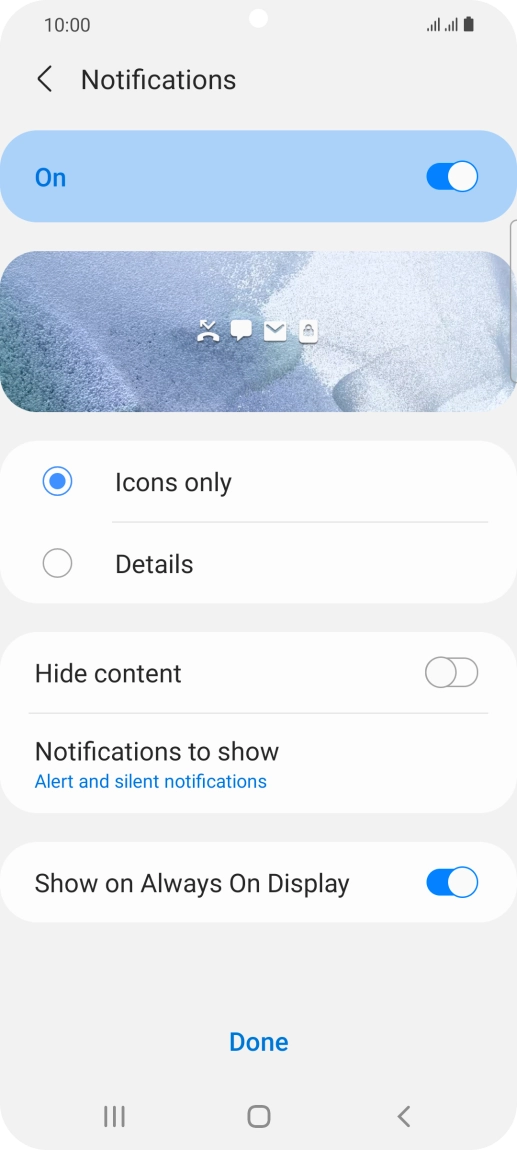 Press the required settings to turn them on or off. Press the required settings to turn them on or off.