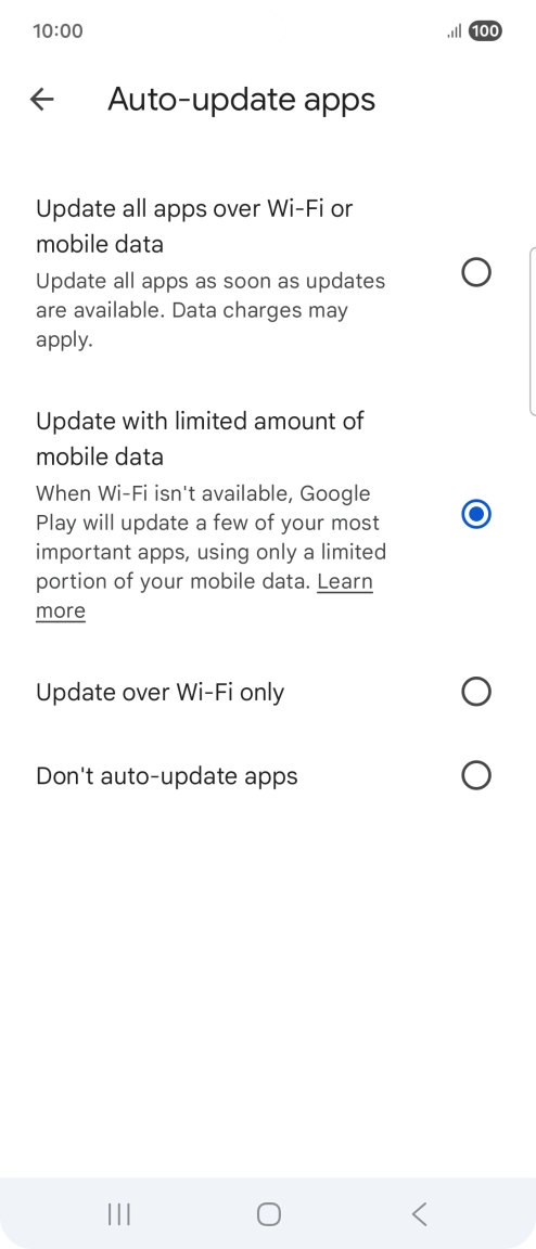 To turn on automatic update of apps using mobile network, press Update all apps over Wi-Fi or mobile data. To turn on automatic update of apps using mobile network, press Update all apps over Wi-Fi or mobile data.