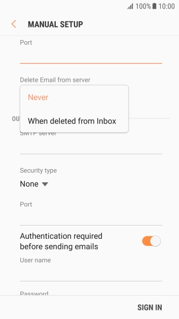 Press Never to keep email messages on the server when you delete them on your phone. Press Never to keep email messages on the server when you delete them on your phone.