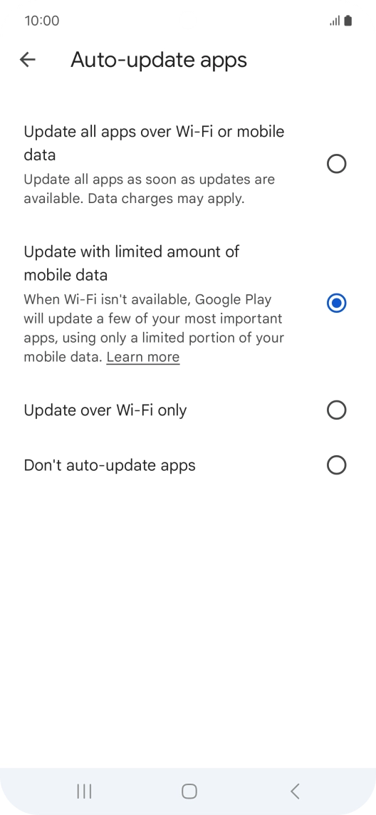 To turn on automatic update of apps using mobile network, press Update all apps over Wi-Fi or mobile data. To turn on automatic update of apps using mobile network, press Update all apps over Wi-Fi or mobile data.