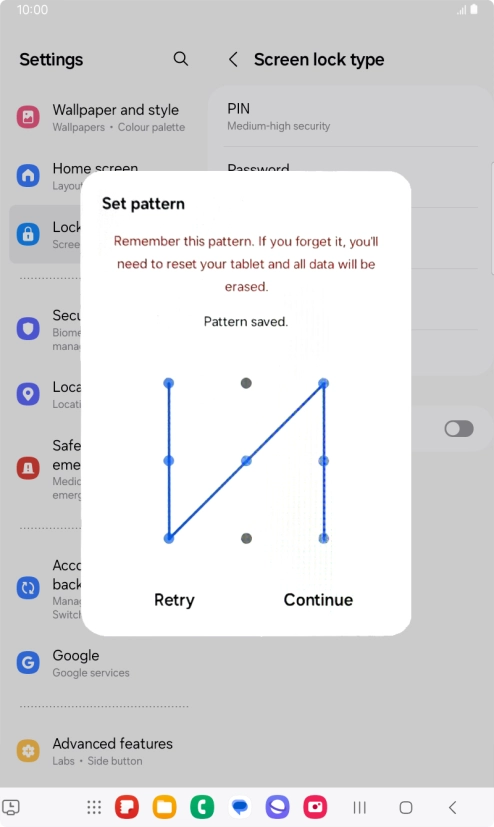 Slide your finger across the screen to connect at least four points and press Continue. Slide your finger across the screen to connect at least four points and press Continue.
