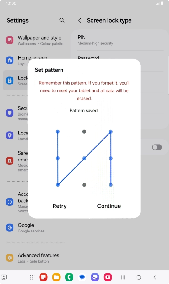 Slide your finger across the screen to connect at least four points and press Continue. Slide your finger across the screen to connect at least four points and press Continue.