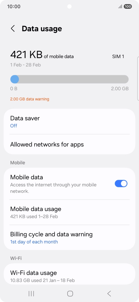 The total data usage is displayed. The total data usage is displayed.