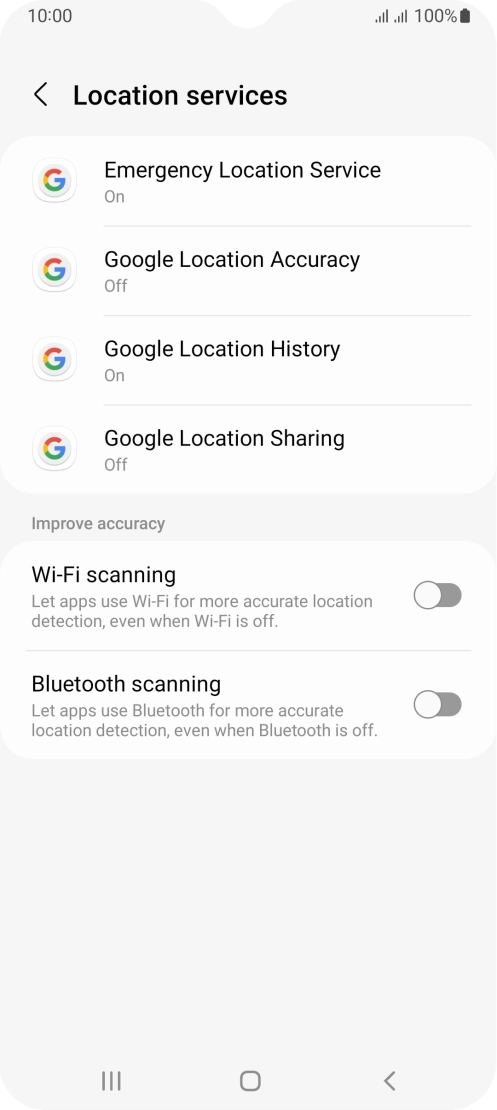 Press Google Location Accuracy. Press Google Location Accuracy.