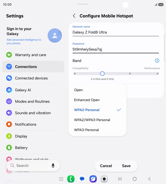 Press WPA3-Personal to password protect your Wi-Fi hotspot. Press WPA3-Personal to password protect your Wi-Fi hotspot.