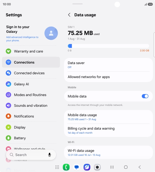 The total data usage is displayed. The total data usage is displayed.