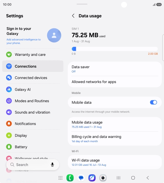 The total data usage is displayed. The total data usage is displayed.