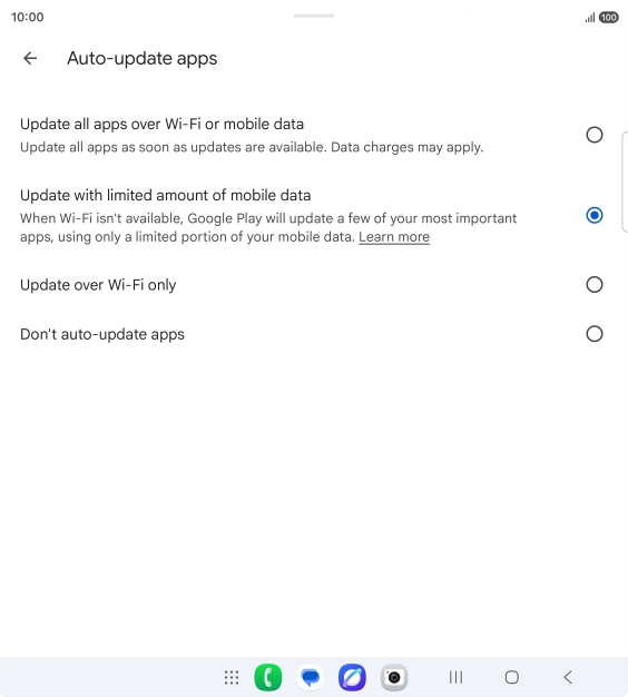 To turn on automatic update of apps using mobile network, press Update all apps over Wi-Fi or mobile data. To turn on automatic update of apps using mobile network, press Update all apps over Wi-Fi or mobile data.