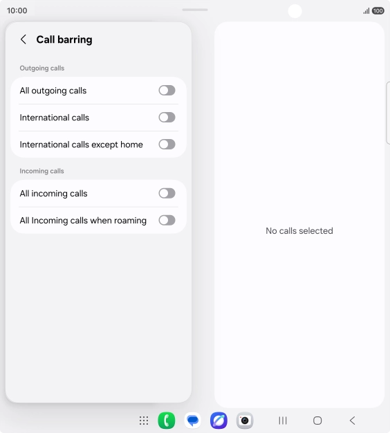 Press the indicator next to the required barring type to turn the function on or off. Press the indicator next to the required barring type to turn the function on or off.