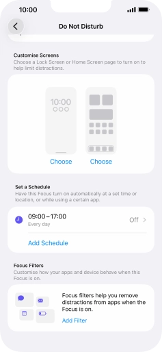 Press Add Schedule and follow the instructions on the screen to select settings for automatic activation of Do Not Disturb. Press Add Schedule and follow the instructions on the screen to select settings for automatic activation of Do Not Disturb.