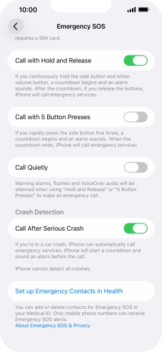 Press Set up Emergency Contacts in Health and follow the instructions on the screen to key in your emergency info and emergency contacts. Press Set up Emergency Contacts in Health and follow the instructions on the screen to key in your emergency info and emergency contacts.