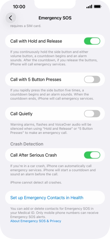 Press Set up Emergency Contacts in Health and follow the instructions on the screen to key in your emergency info and emergency contacts. Press Set up Emergency Contacts in Health and follow the instructions on the screen to key in your emergency info and emergency contacts.
