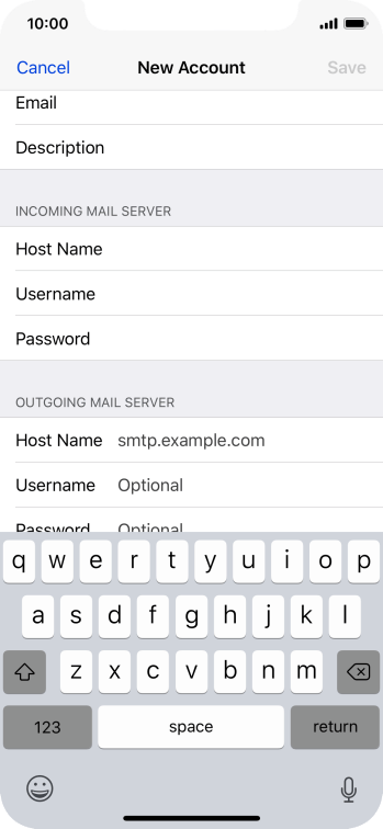 Press Host Name and key in the name of your email provider's outgoing server. Press Host Name and key in the name of your email provider's outgoing server.